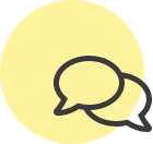 Zwei überlappende Sprechblasen vor einem gelben Kreis.