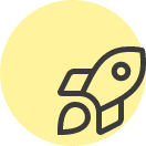 Symbol einer startenden Rakete vor gelbem Kreis.