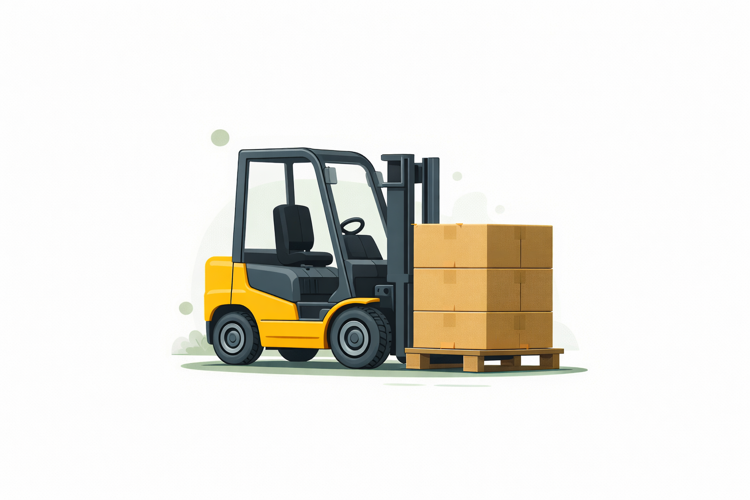 Yellow forklift carrying a pallet stacked with three cardboard boxes.