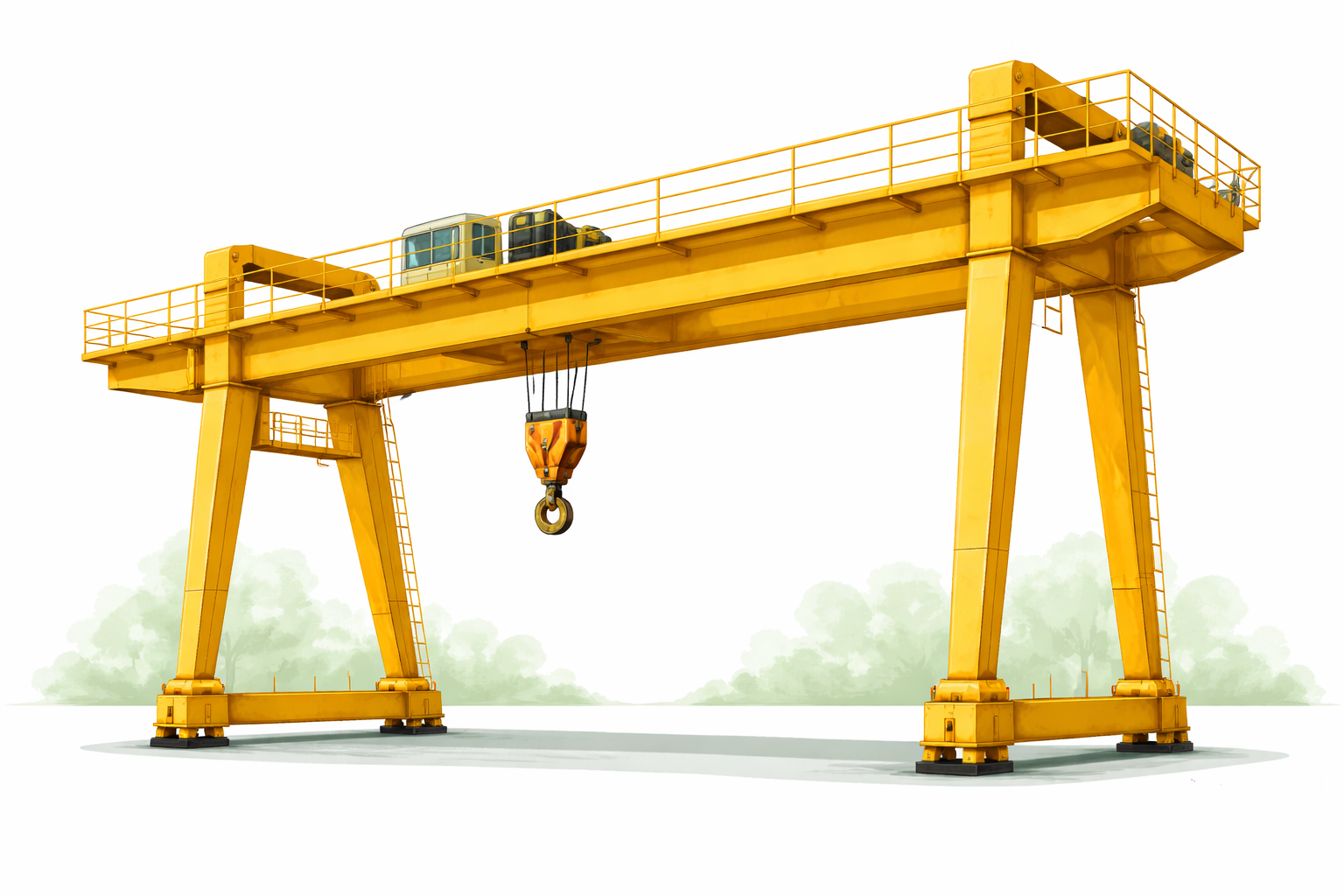 Yellow industrial gantry crane with large hook
