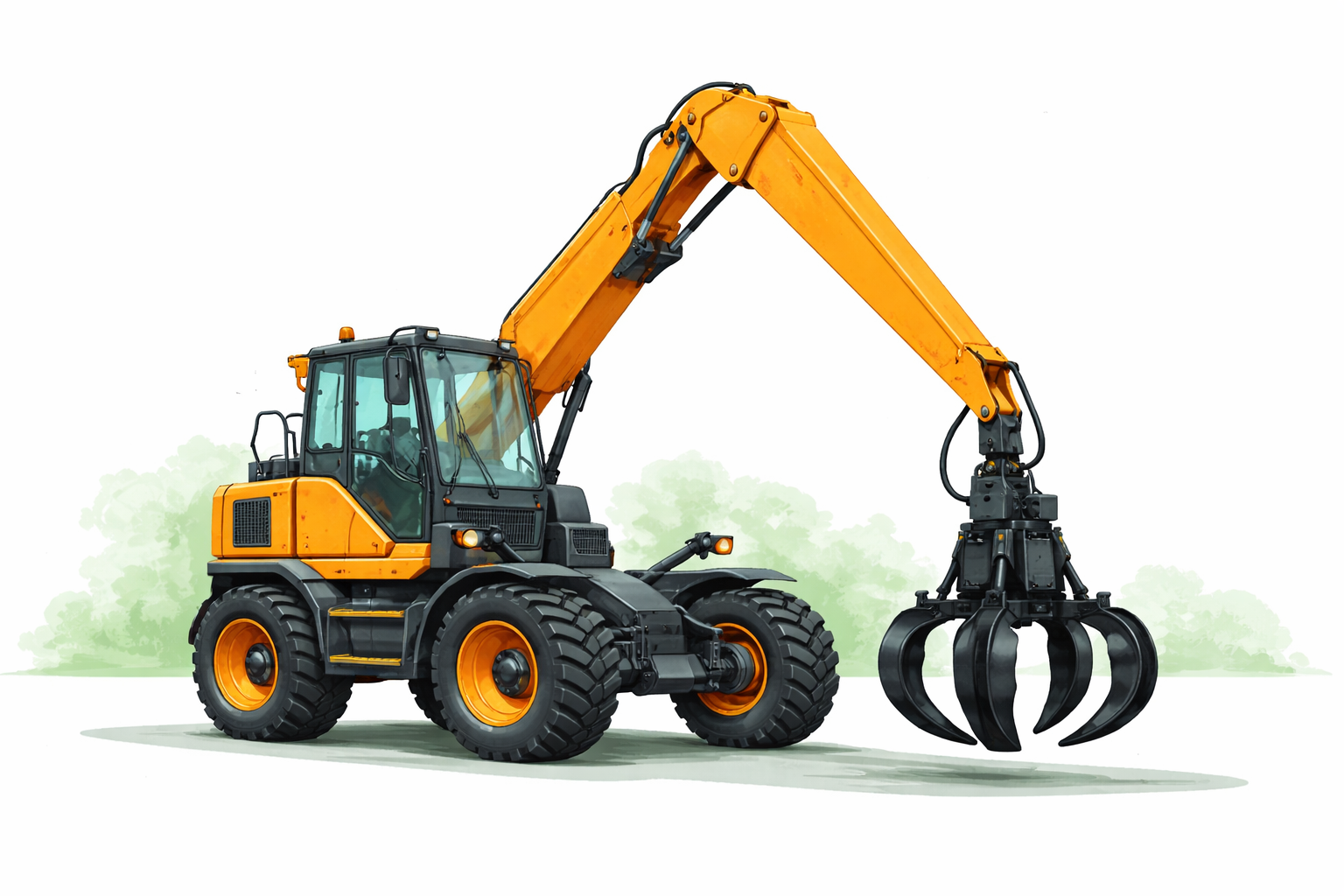 Yellow and black material handling vehicle with large tires and a long articulated arm ending in a multi-claw grapple.