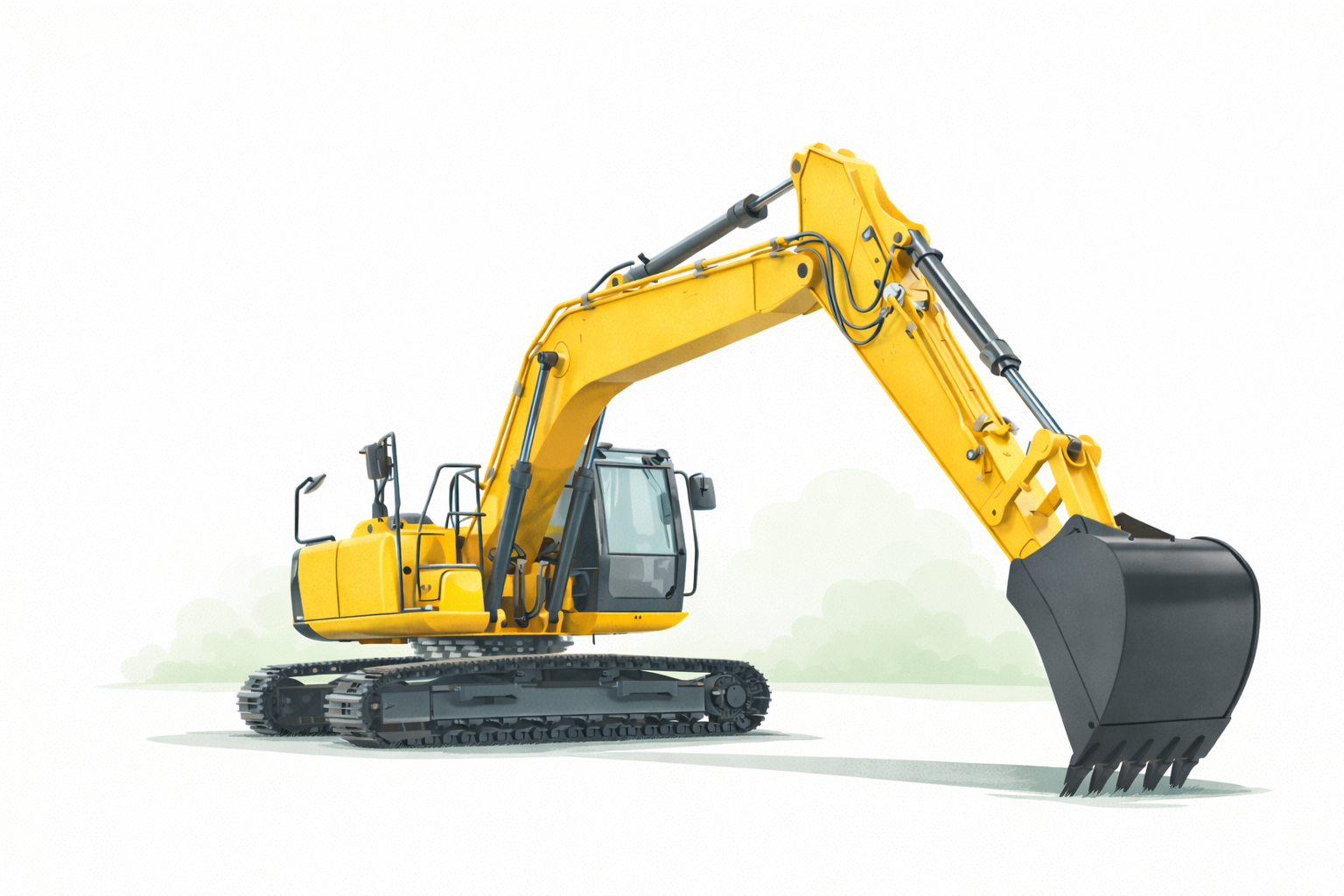Yellow hydraulic excavator with a large black digging bucket on tracked wheels.