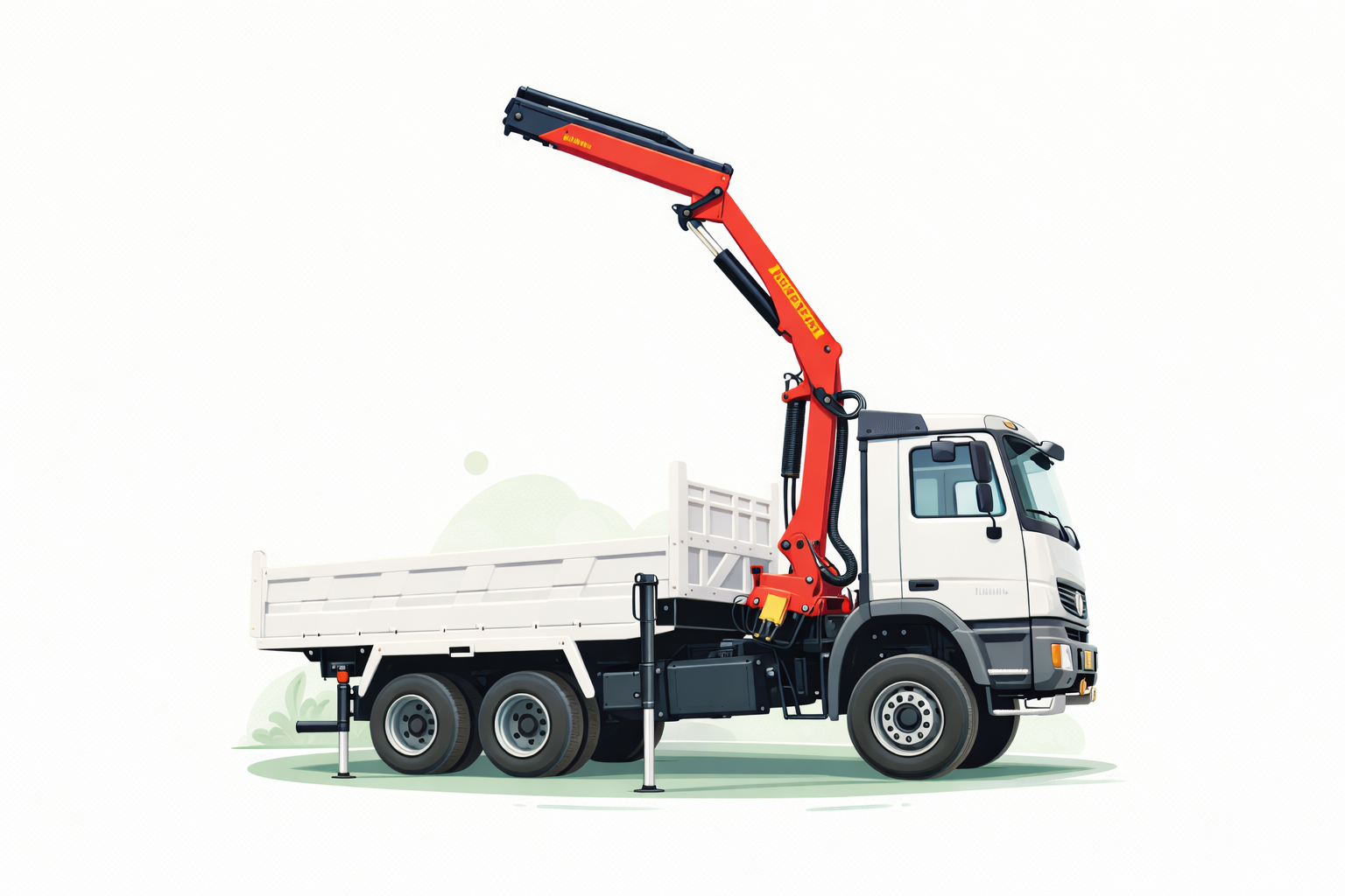 White flatbed truck equipped with a red articulated crane arm.