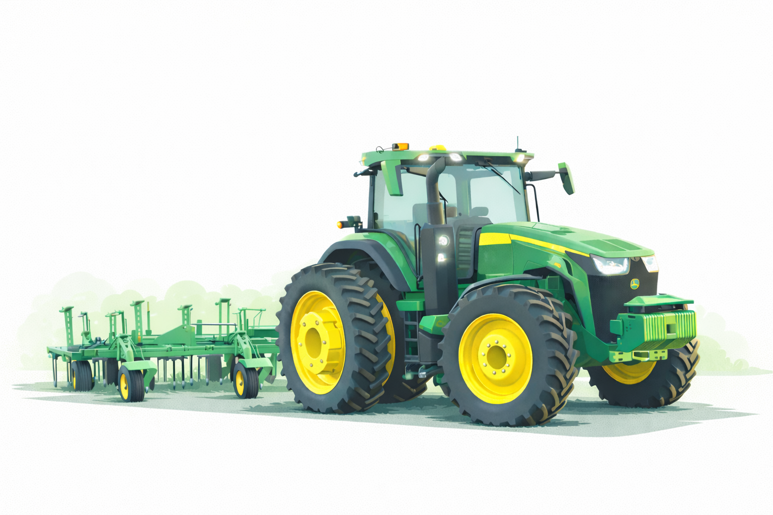 Green and yellow tractor with large tires attached to green farm equipment for tilling soil.