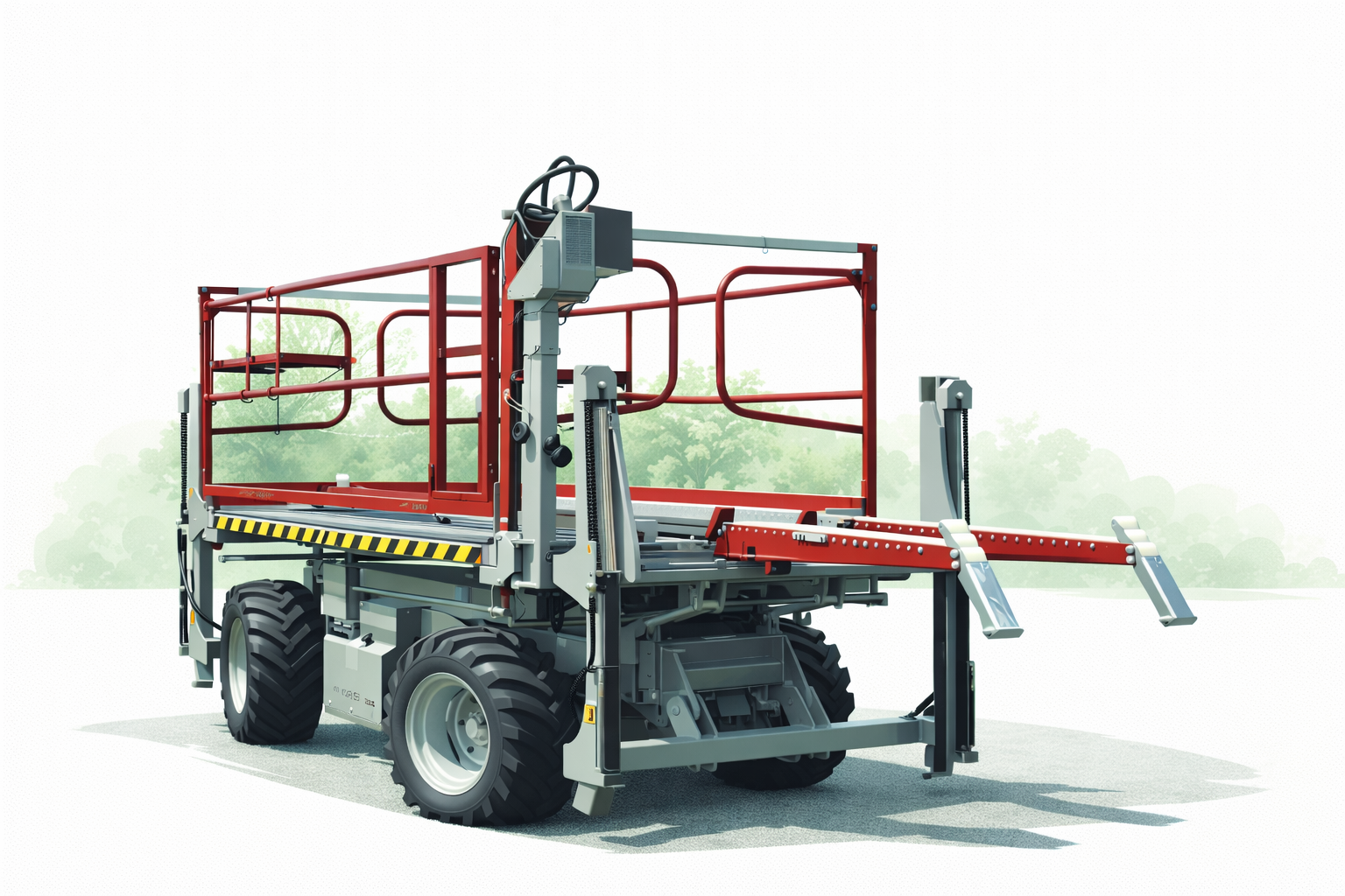 Industrial fruit harvesting machine with large tires and red metal frame