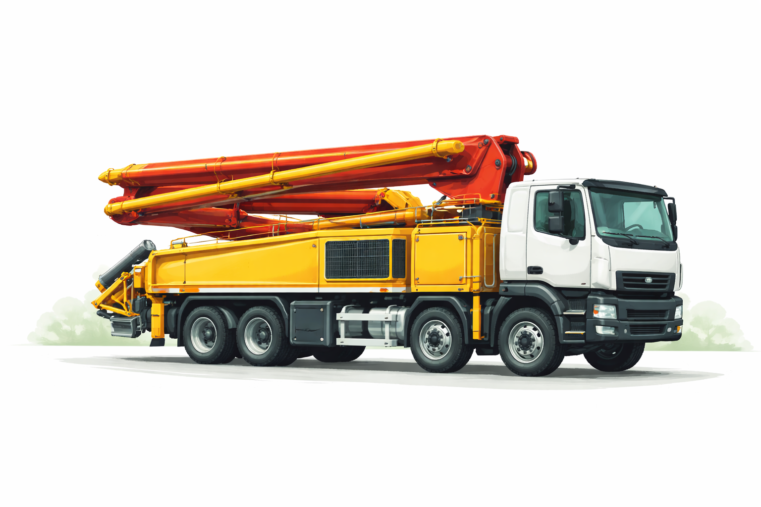 White and yellow concrete pump truck with folded orange boom arm 
