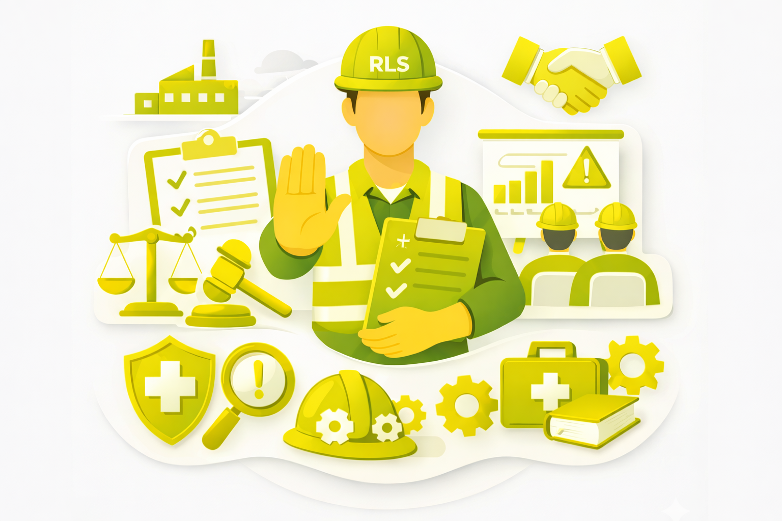 Illustration of a safety representative in a green helme.