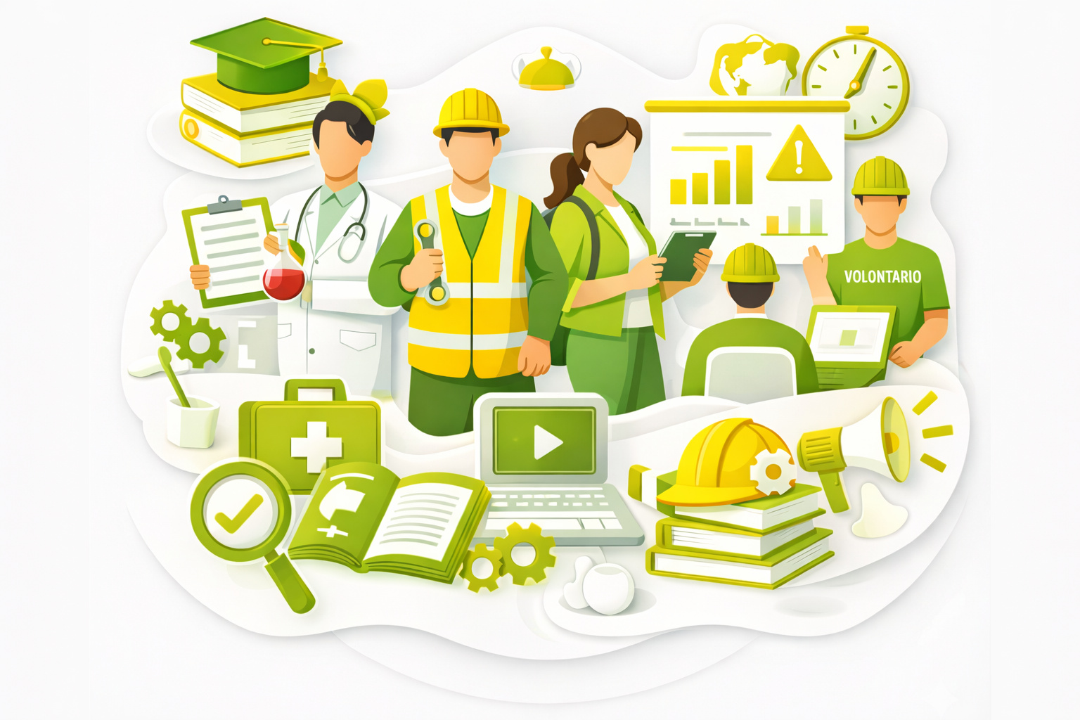 Illustration of a safety representative in a green helme.