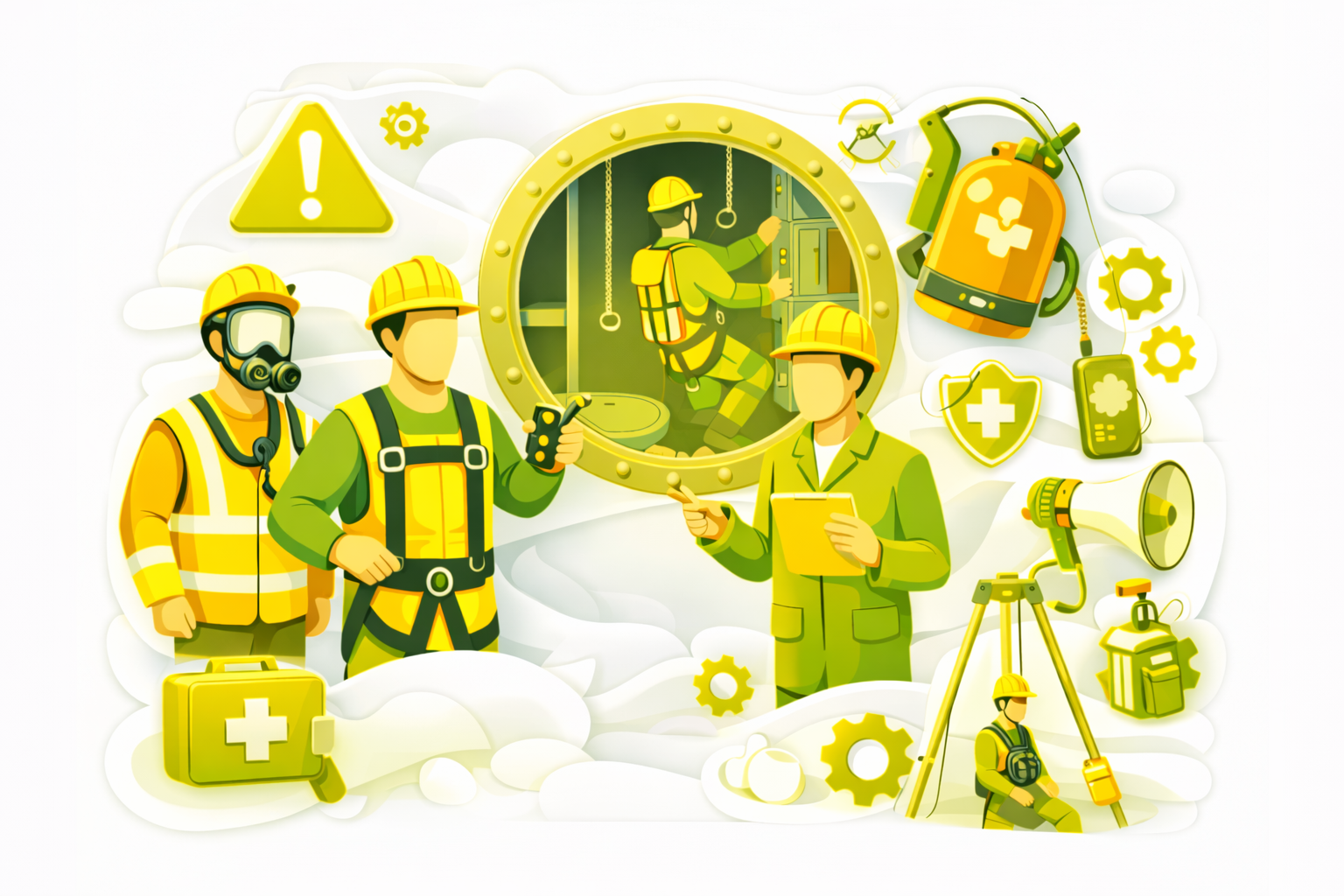 Illustration of a safety representative in a green helme.