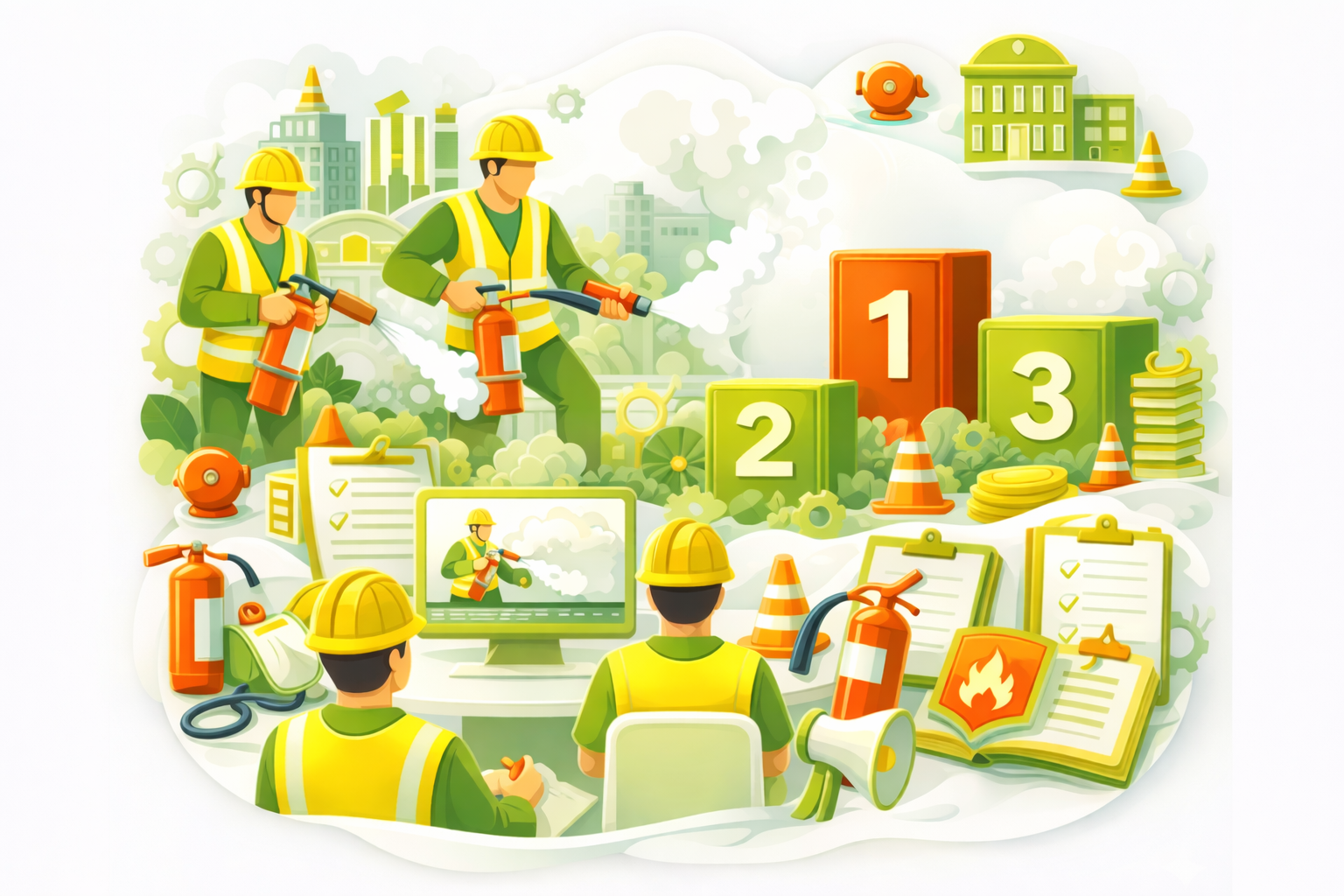 Illustration of a person wearing a yellow hardhat and suit