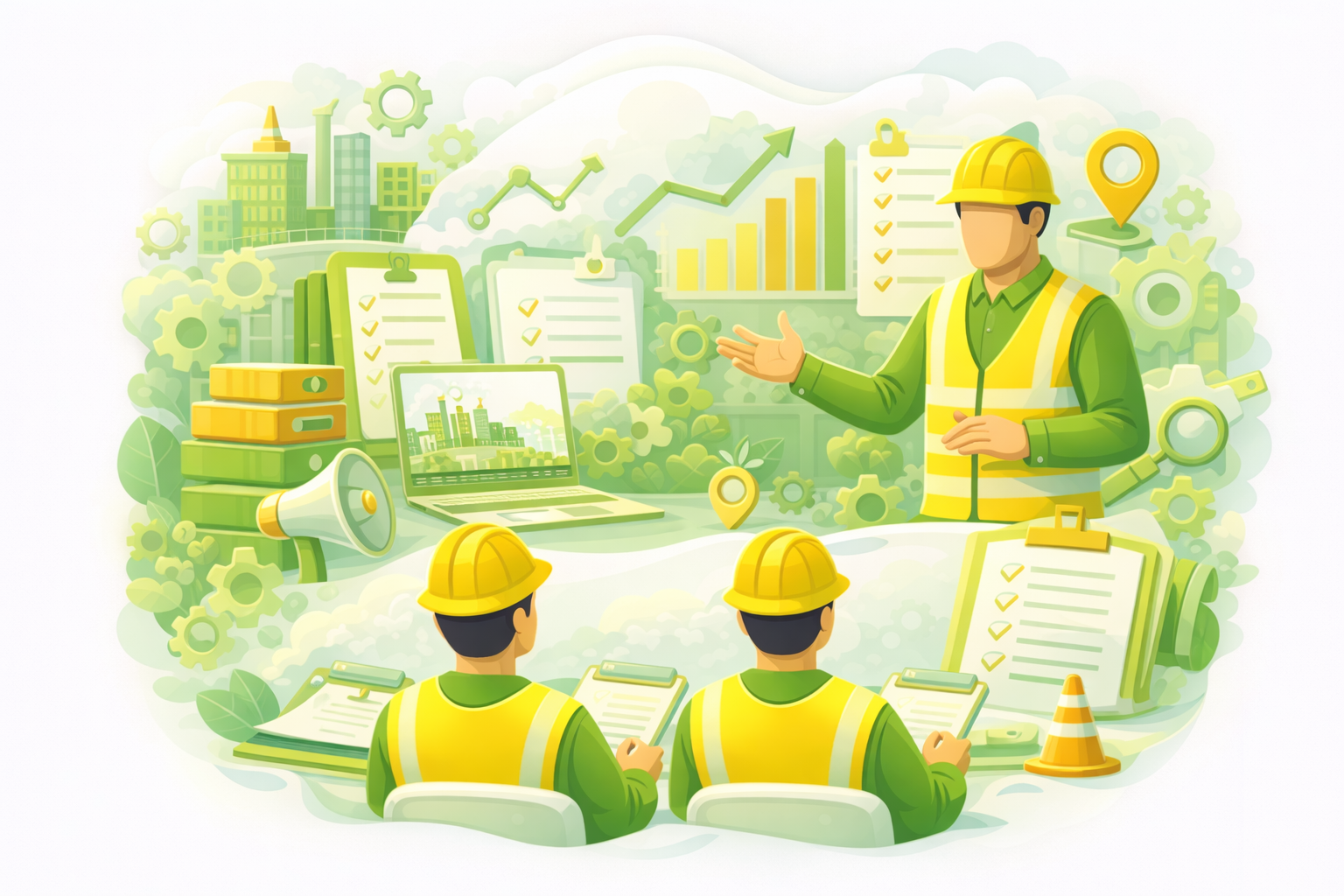 Illustration of diverse professionals including a doctor, construction worker, and volunteer surrounded by educational and safety gears