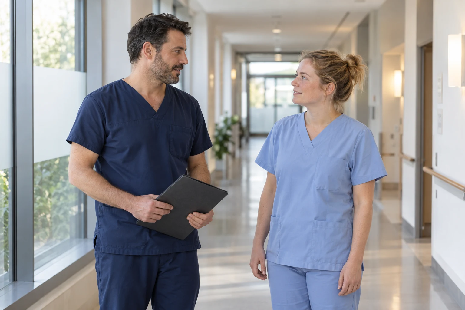 Zwei Pflegefachkräfte tauschen sich im Klinikalltag aus
