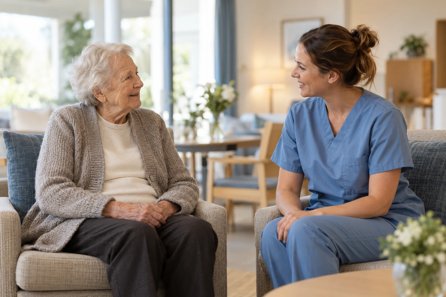 Pflegefachkraft und Seniorin im persönlichen Gespräch