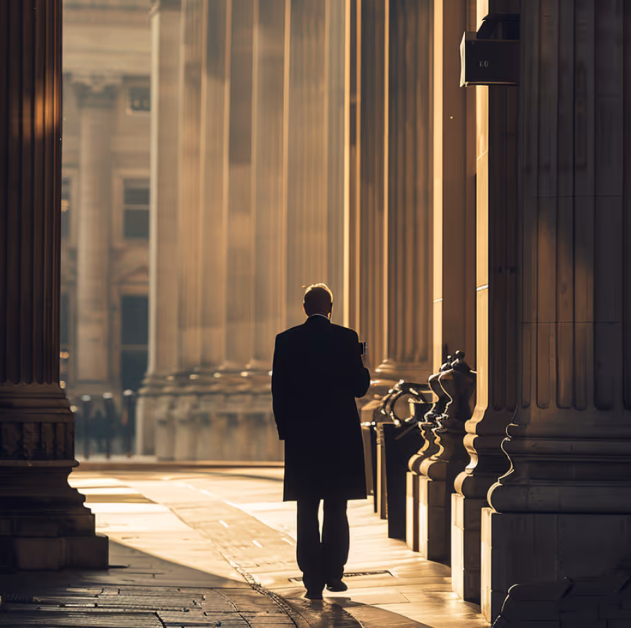 Silhouette of a man walking between large classical columns with sunlight casting long shadows.