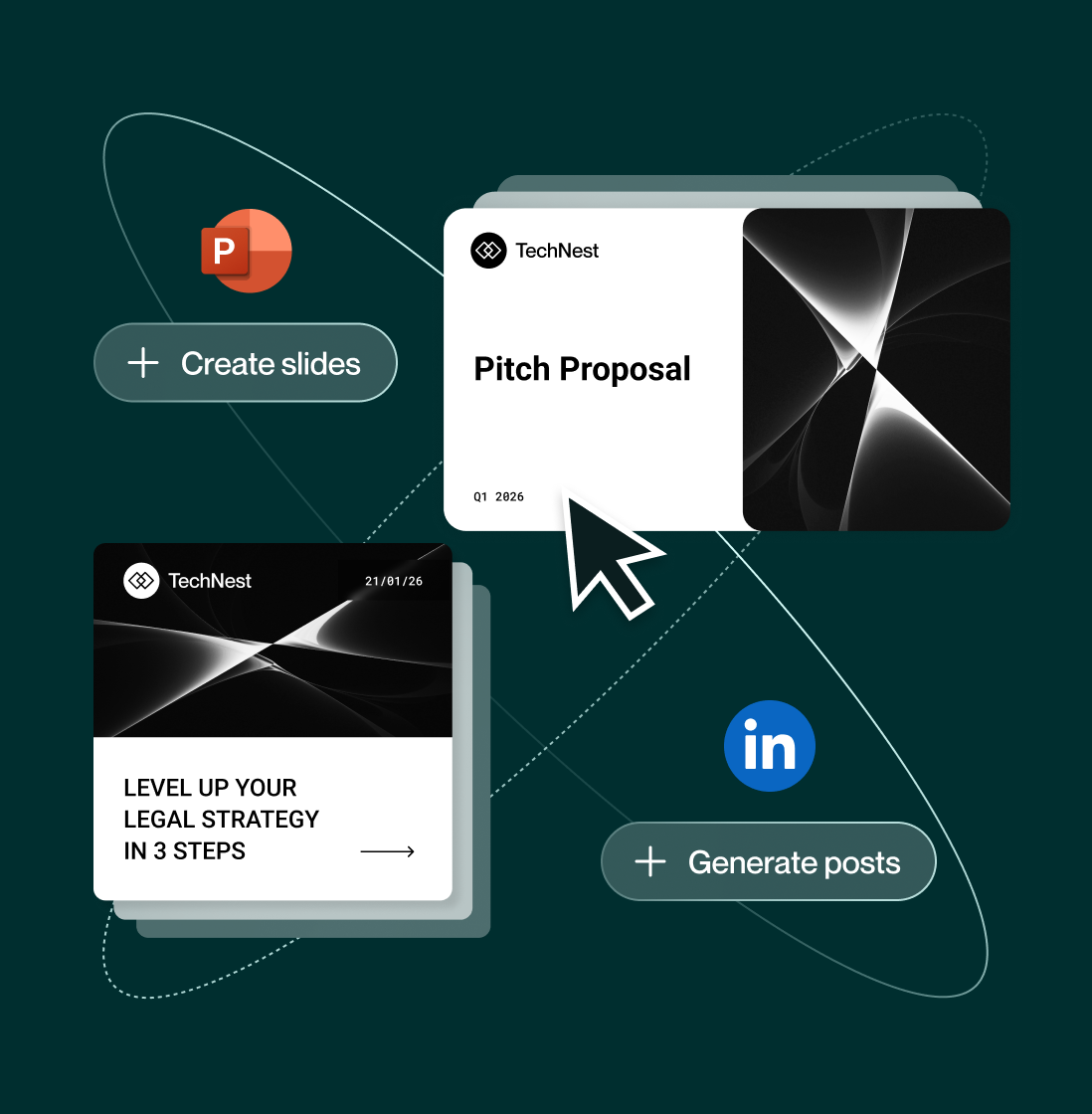 Graphic of a folder labeled 'TechNest Legal Strategy 2025' with orbiting icons and tags 'Compare' and 'Deep research' on a dark green background.