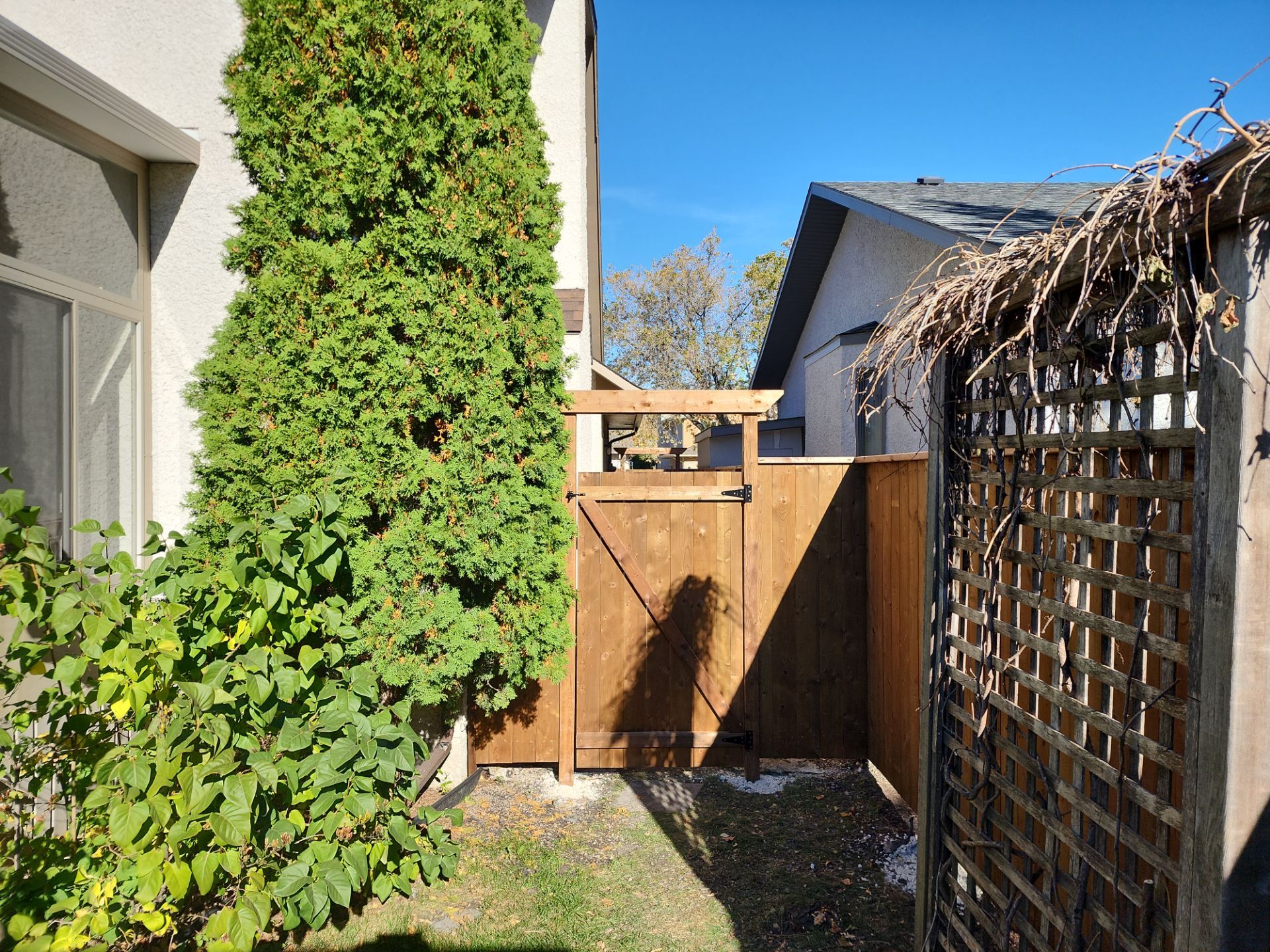Repaired wooden gate with new hinges and a straight, reinforced frame between two gravel-set posts.