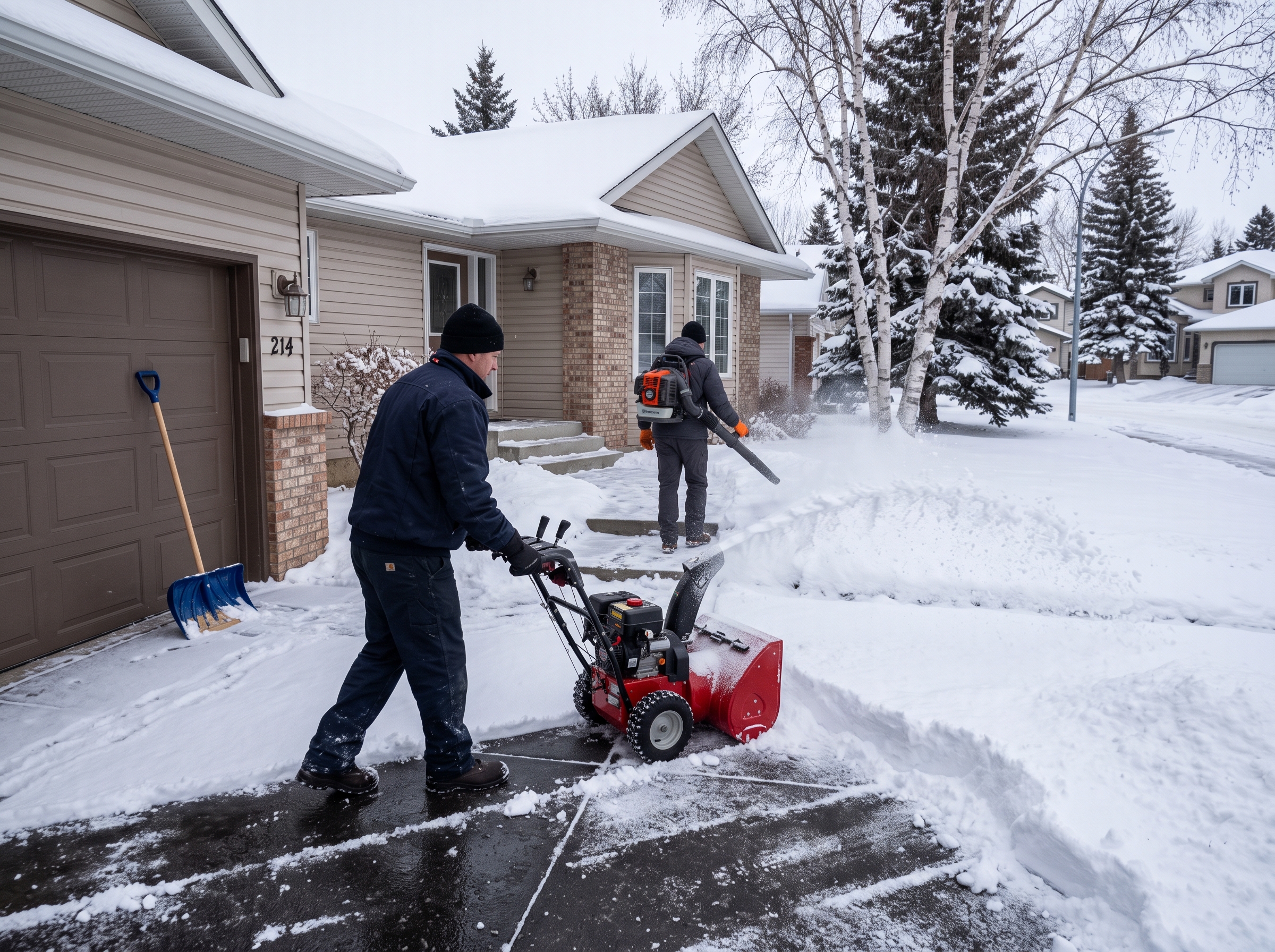 Everton Projects snow removal crew using a snowblower and backpack blower to clear a driveway and walkway in Southdale, Winnipeg
