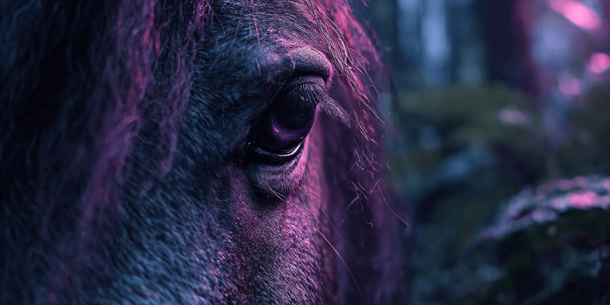 Close-up of a horse's eye and mane with purple and pink lighting in a forest setting.