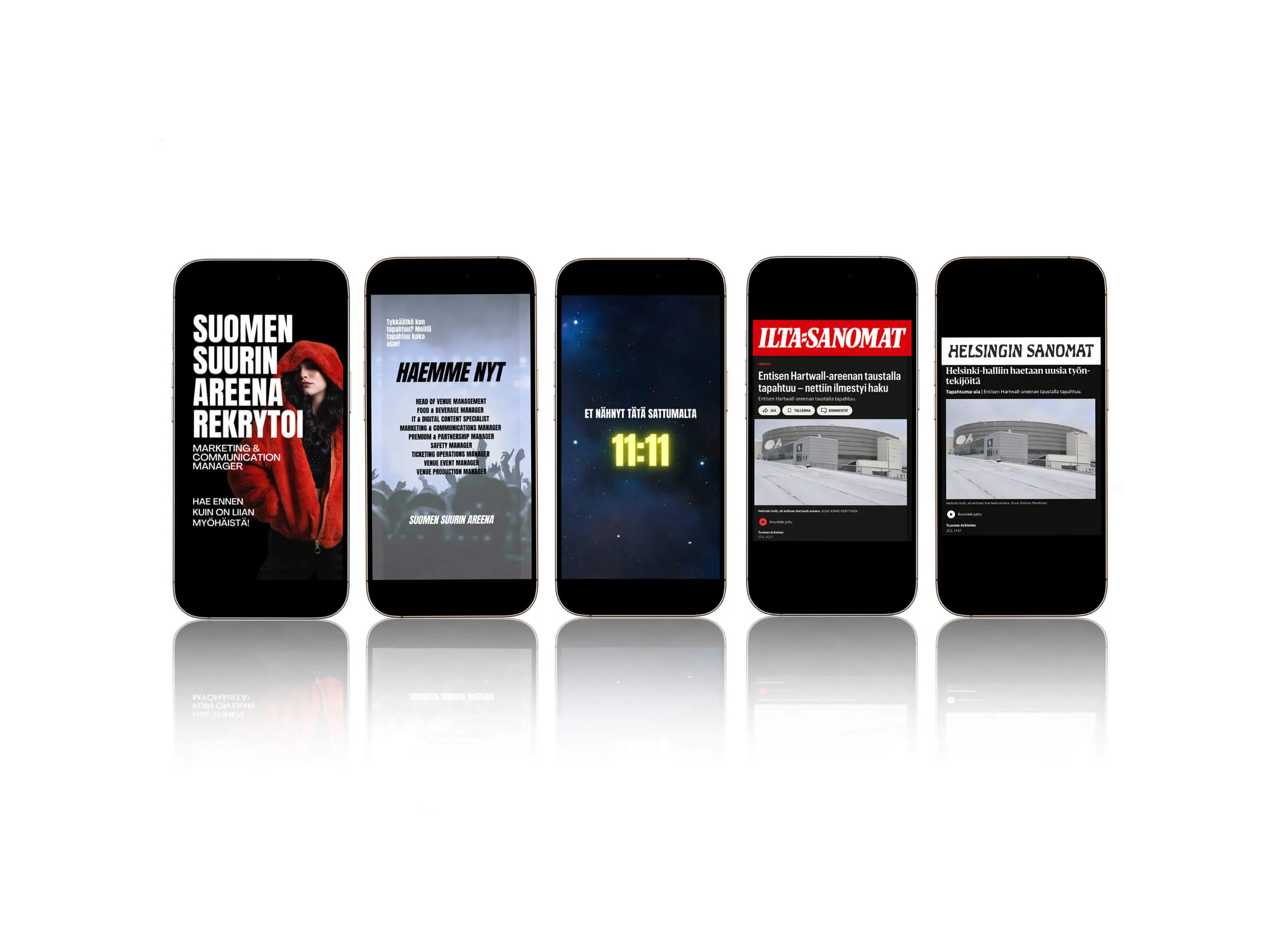 Five smartphones showing Finnish recruitment and news content, including an arena hiring ad and news headlines with building images.