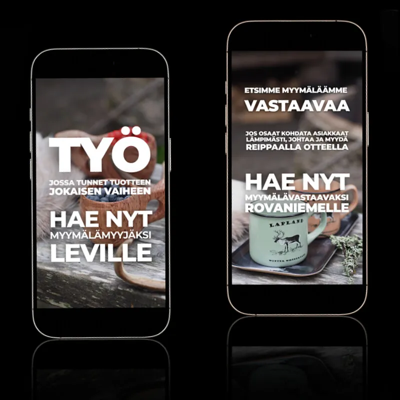 Two smartphones displaying Finnish job advertisements over images of mugs with nature backgrounds, one for a store clerk in Levi and one for a store manager in Rovaniemi.