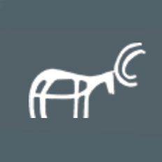 Stylized white graphic of a reindeer with large curved antlers on a muted blue-gray background.