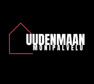 Logo with a red house outline next to the bold white text 'UUDENMAAN MONIPALVELU' on a black background.