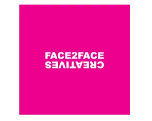 Inverted white text reading 'FACE2FACE CREATIVES' on a bright pink square background.