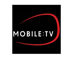 Mobile TV logo with stylized red curved outline on black background.