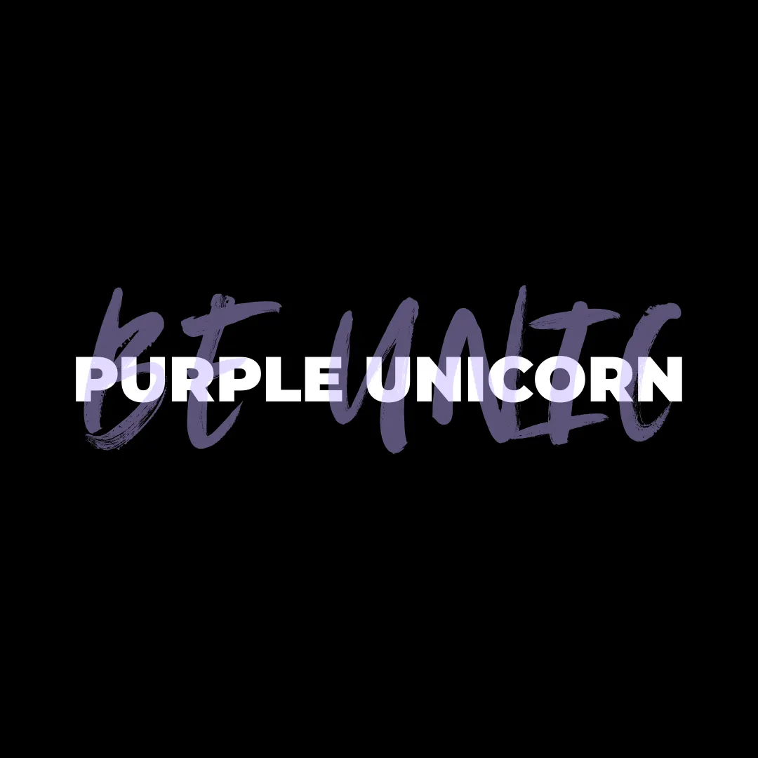 The words 'PURPLE UNICORN' in bold white text over a brushstroke-style text background on black.