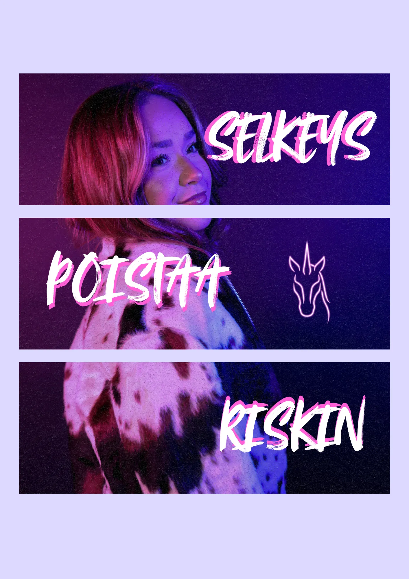 Text in Finnish asking why companies sound the same as employers, with a bold purple handwritten overlay on a light purple background.