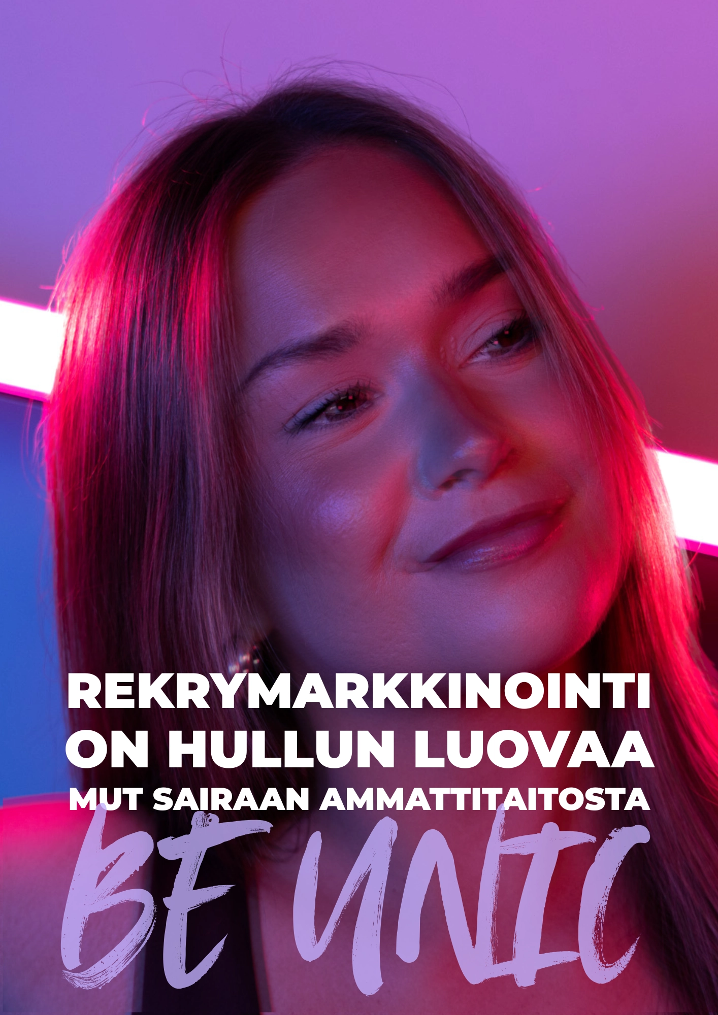 Text in Finnish asking why companies sound the same as employers, with a bold purple handwritten overlay on a light purple background.