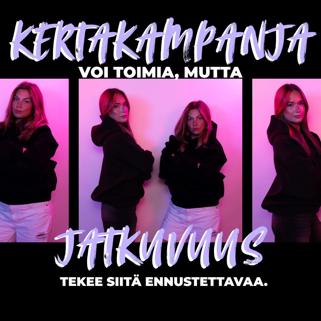 Text in Finnish asking why companies sound the same as employers, with a bold purple handwritten overlay on a light purple background.