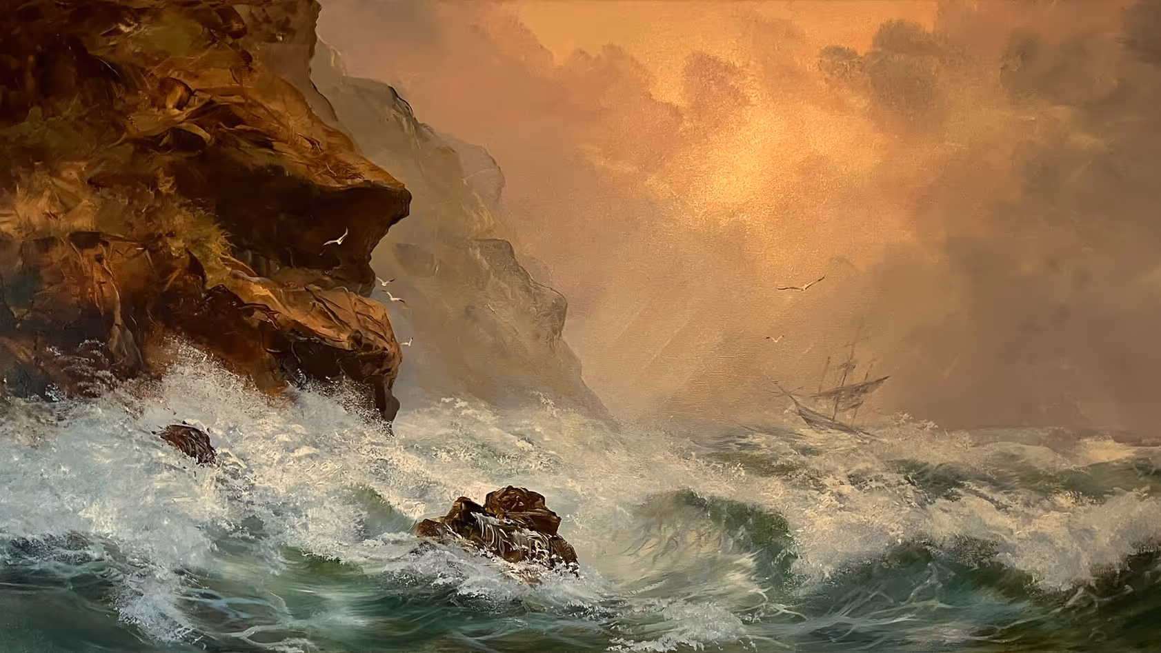Storm - Original oil painting of a stormy sea and steep cliff edges, with dramatic sky and ship rocking on the waves.