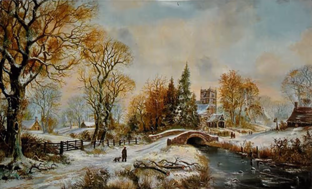 The First Snow artwork - a wintry landscape, with a man and dog walking towards a bridge over a river.