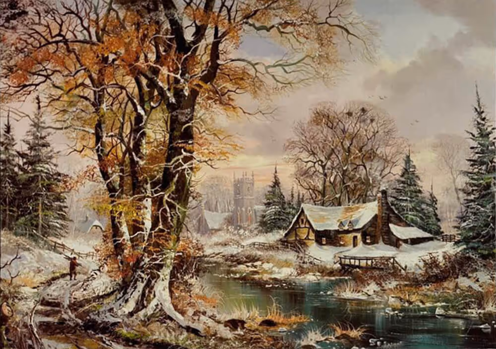 Winter Serenity - a landscape oil painting of wintry scene depicting a snowy cottage, nestled between the trees and alongside a river. 
