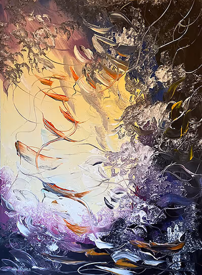 Escape - Abstract painting featuring vibrant strokes of orange amidst swirling shades of purple.