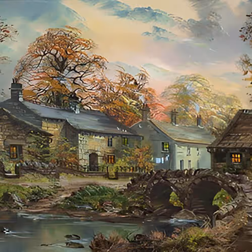 Old Wycoller - Oil painting of cottages with a bridge over the river in the foreground.