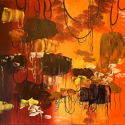 Tropics - Abstract painting showcasing bold orange and black hues, evoking a sense of energy and movement in a modern and expressive artistic style.