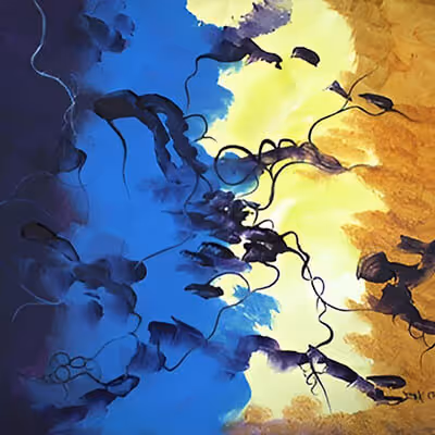 Out of the Blue - Vibrant abstract painting showcasing bold blue and yellow tones and fluid shapes.