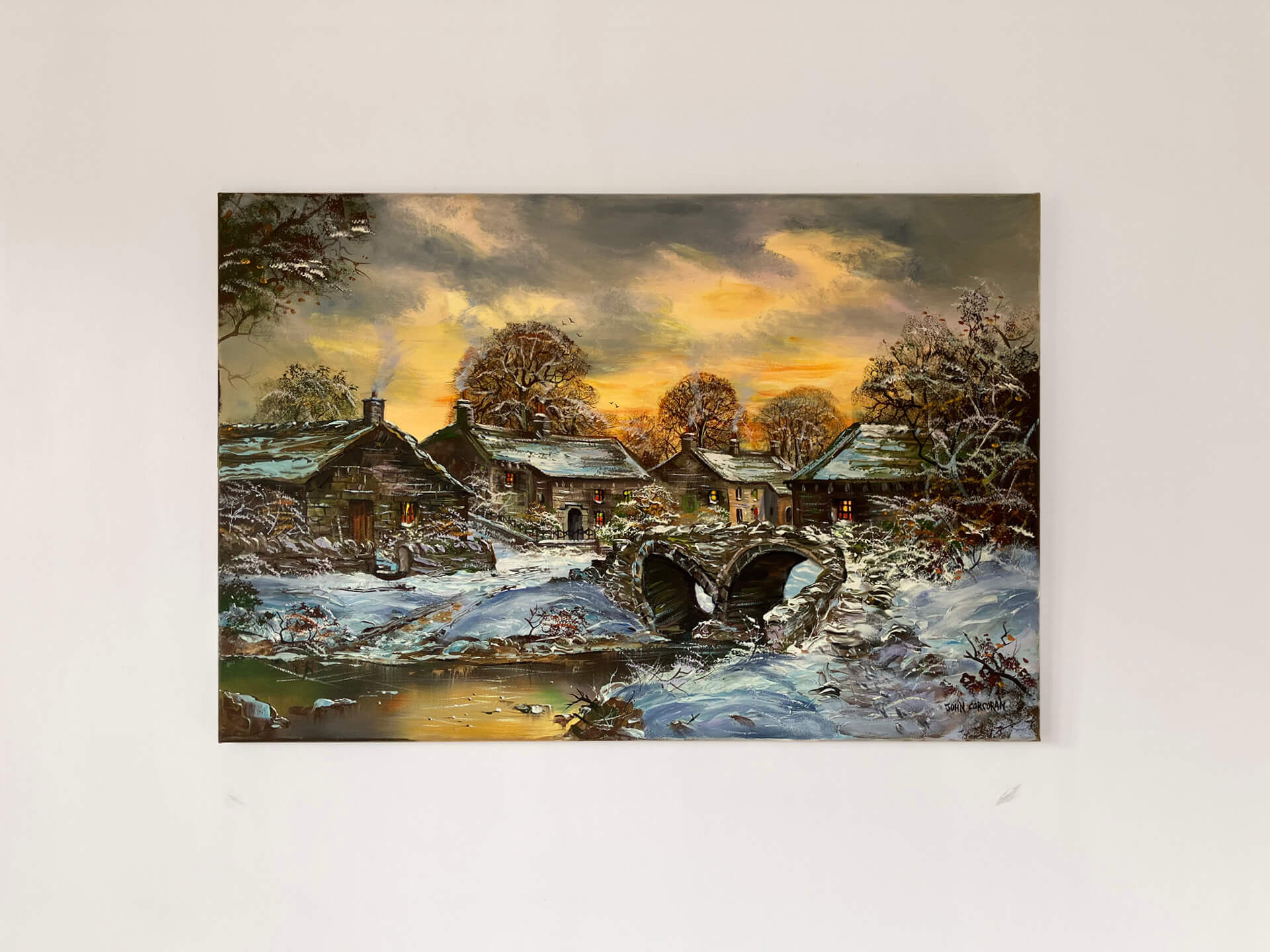 A painting depicting a snowy landscape featuring a bridge and quaint houses nestled in the winter scenery.
