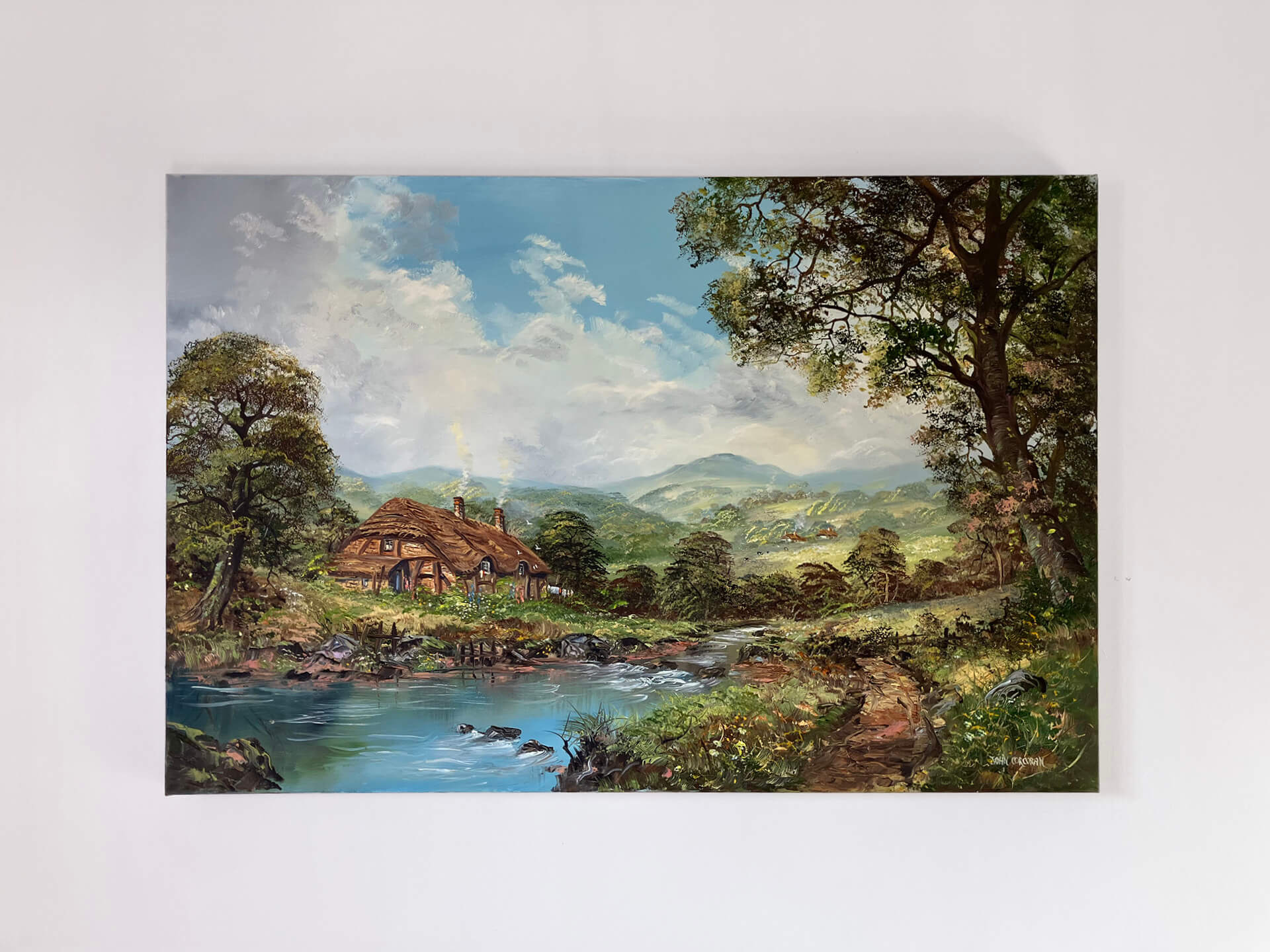 A charming cottage by a river, framed by trees and gentle hills, captured in a peaceful landscape painting.