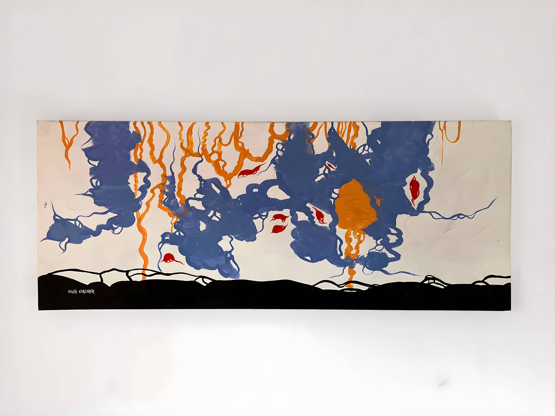 Abstract painting featuring vibrant orange, blue, and black colours blending together in a dynamic composition.