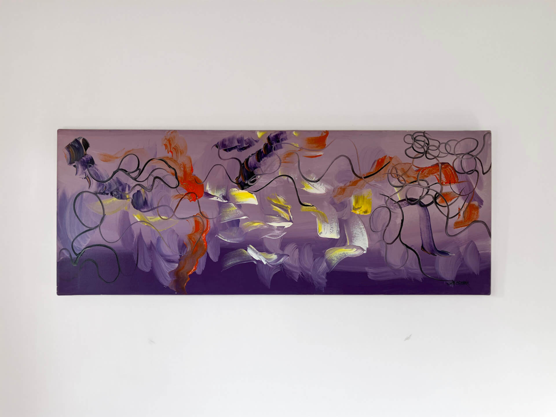 An abstract artwork bursting with diverse colours and shapes, inviting viewers to explore its expressive design.