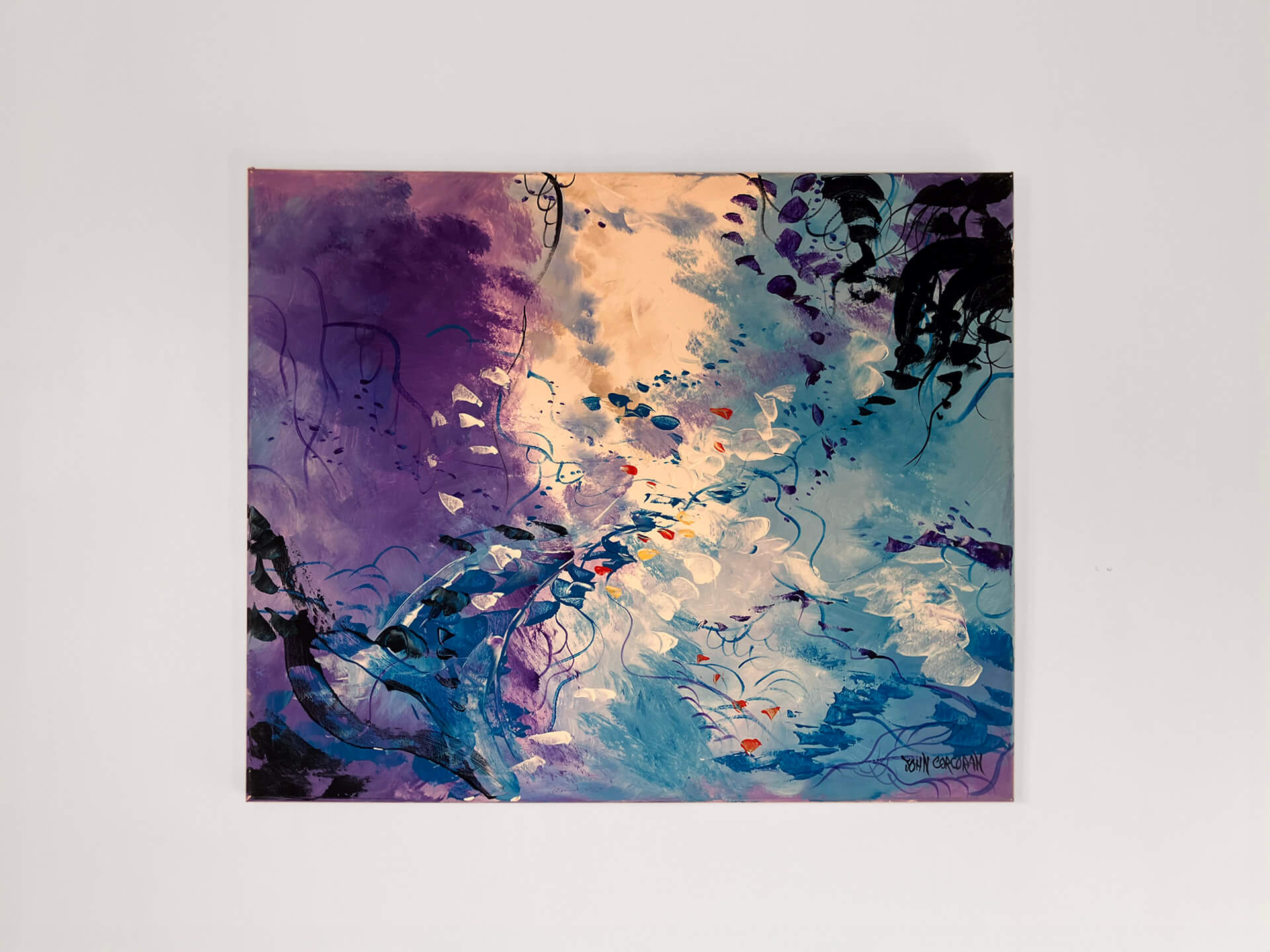 An abstract artwork showcasing deep blue and rich purple colours blending together in an expressive design.