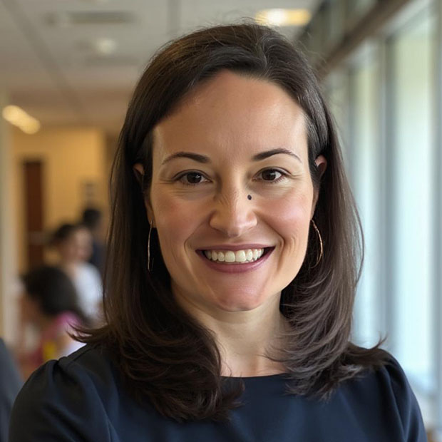 A woman smiling into the camera with long brown hair while wearing a dark black dress.