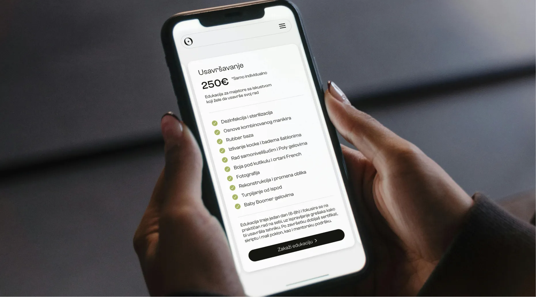 Smartphone screen showing a detailed nail care training course priced at 250 euros with listed topics and a button to book the education.