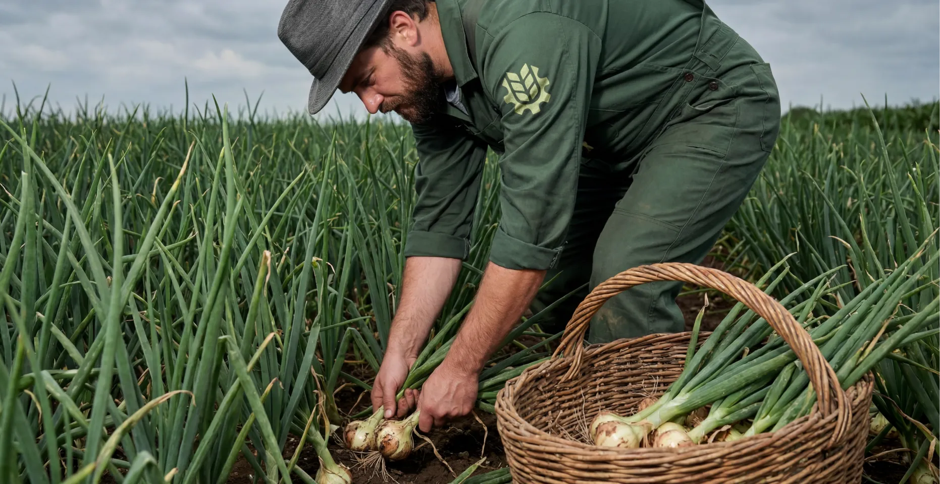 Man wearing a hat and green uniform harvesting onions in a field with a basket of onions nearby.