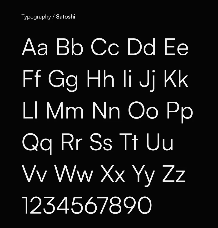 Typography sample displaying uppercase and lowercase letters A to Z and numbers 0 to 9 in Satoshi font on black background.