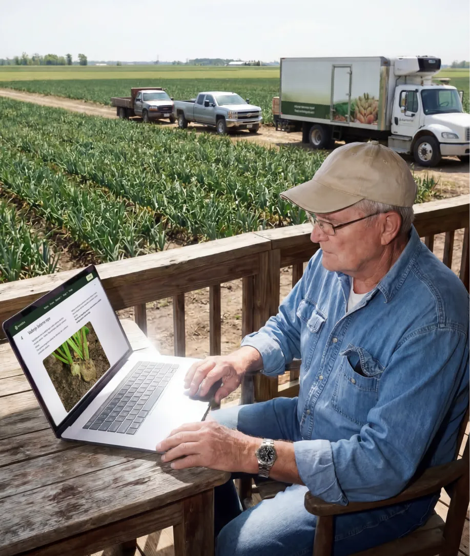 Elderly man in a beige cap and denim shirt using a laptop at a wooden table overlooking a green agricultural field with trucks parked on a dirt road.