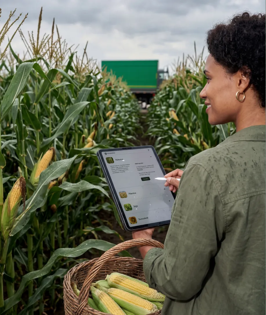 Woman holding a basket of corn and using a tablet to review agricultural information in a cornfield.